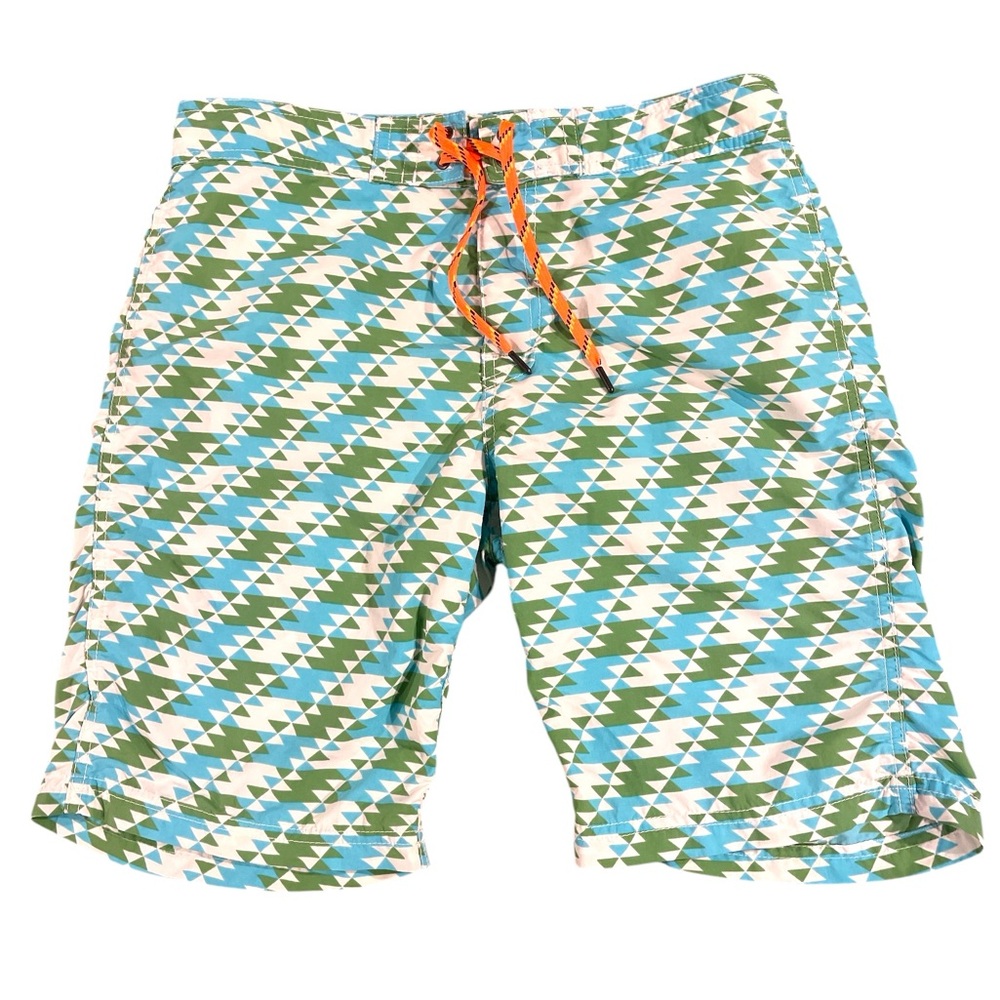 J. Crew Green and Blue Board Shorts with Geometric Design